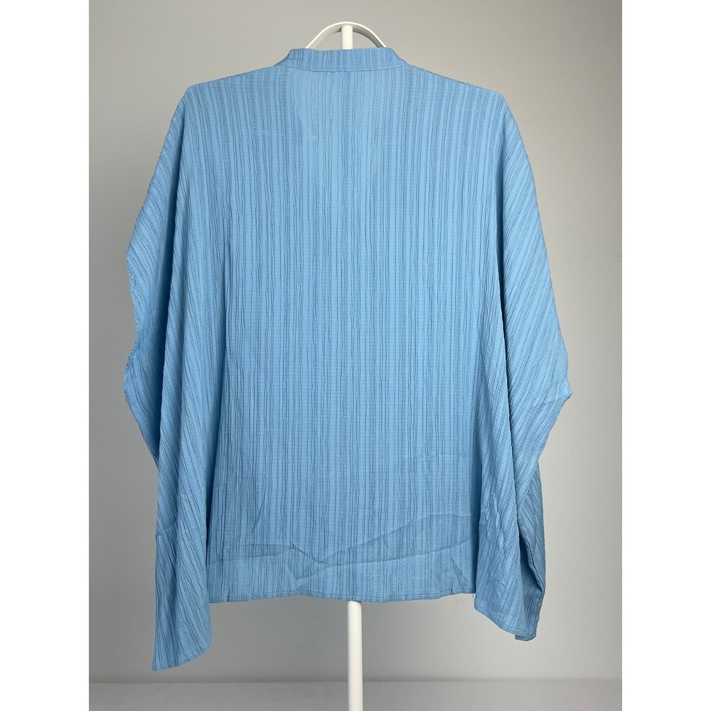 Womens Blue Crinkle Gauze Oversized Split V-Neck Top Size Large Relaxed Fit - Picture 2 of 8